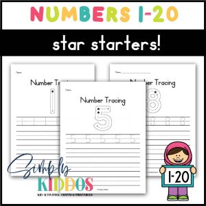 Tracing Numbers 1-20 example with girl holding sign that says 1-20. Numbers start with star starters