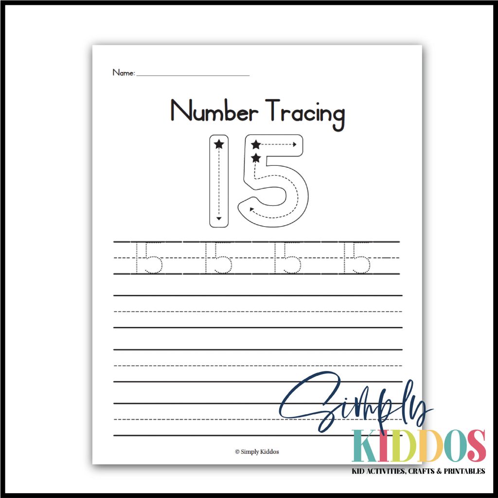 Number Tracing Worksheet. Example of Number 15 with star starters. Lines to trace the number 15 four times, with 3 lines to write the number 15 free hand. 