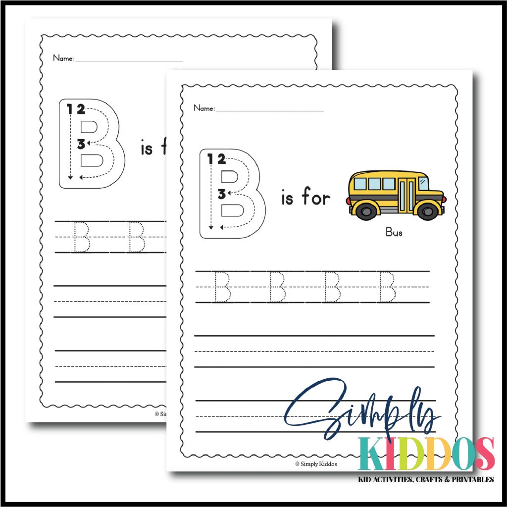 Letter B Worksheet - shows how to write the letter B, bus as an example of a b word, space for tracing uppercase B and space for free handwriting the uppercase B letter