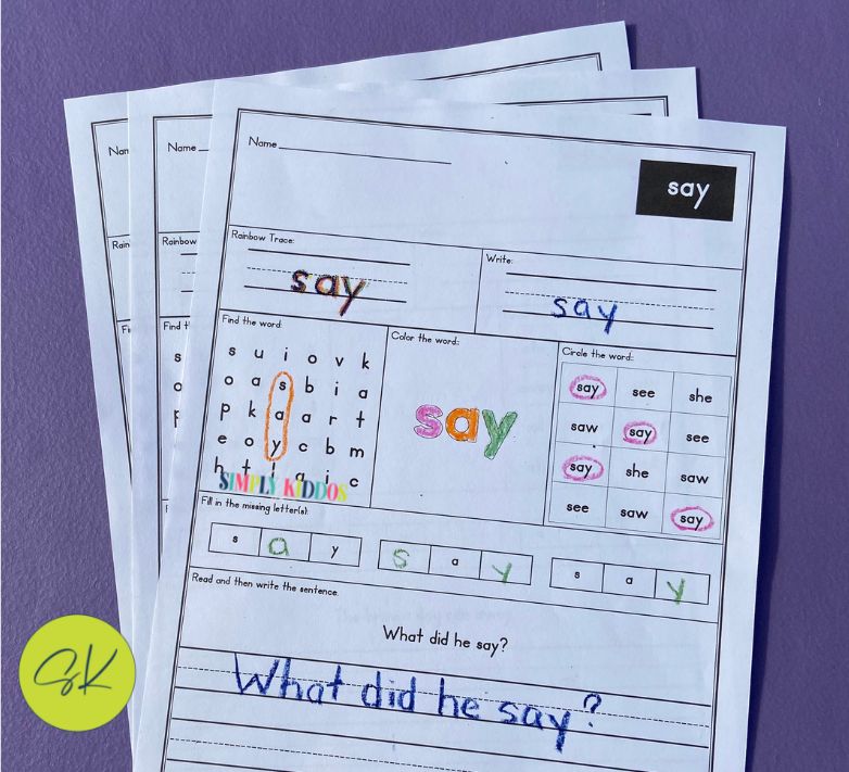 AY Phonics worksheet using sight words in action