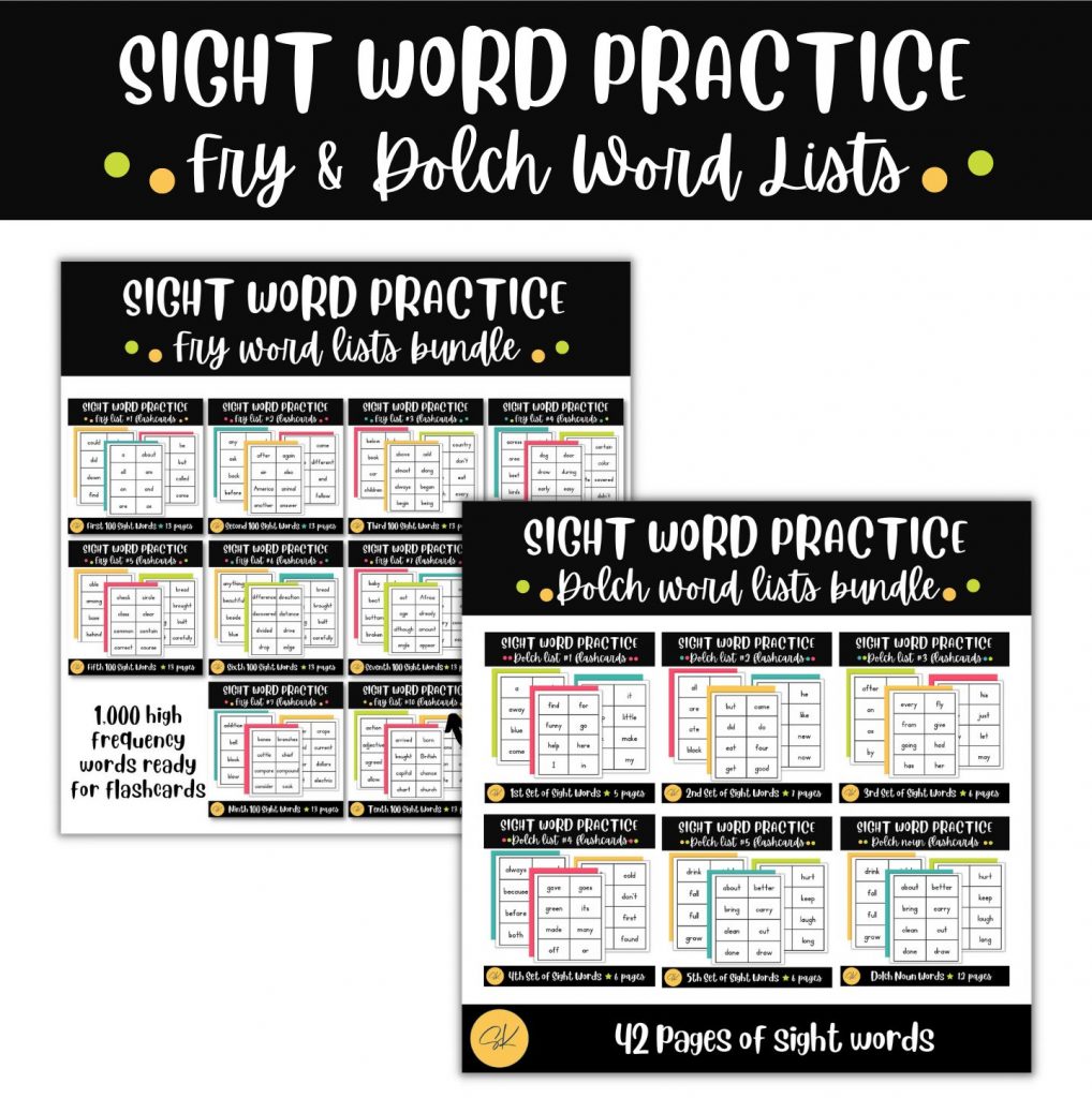 Examples of the flashcards for Dolch and Fry sight word lists