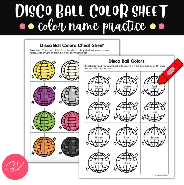 DISCO BALL FILL IN COLOR Names. Preschool and Kindergarten worksheet that shows what the kids will be doing. Black and white disco balls with color words in the center.
