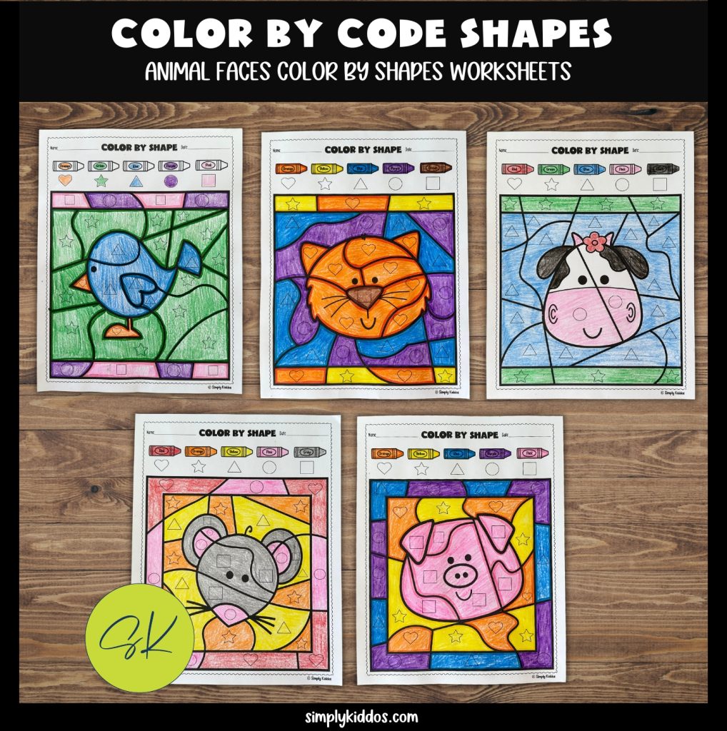 Completed examples of the short version color by shape worksheets, fully colored