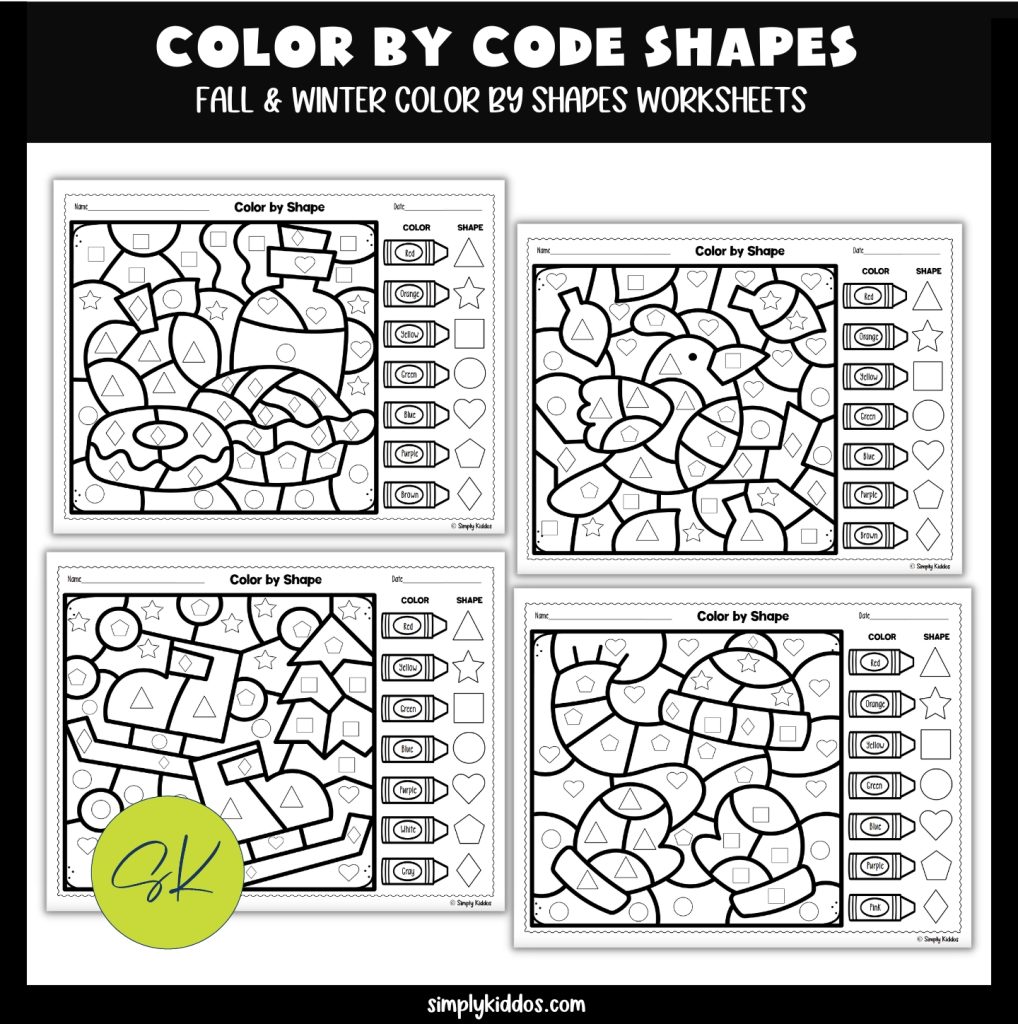 Black and white version of the color by code shapes fall and winter themes