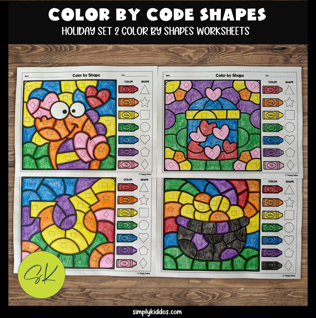 Valentine's Day and st. Patrick's day color by shape worksheets completed sample