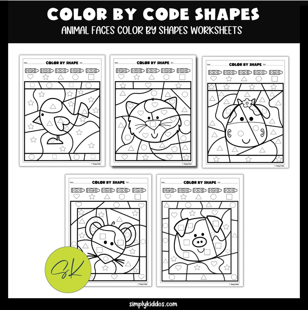 Color by code shape worksheets examples of the 5 shapes and 5 colors. Animals include bird, cat, cow, mouse and pig. Shapes include heart, star, triangle, circle and square