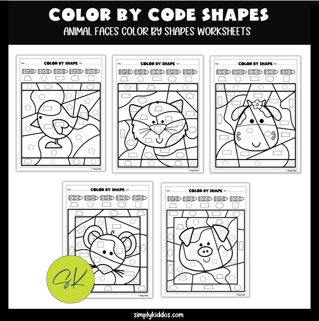 Color by code shape worksheets examples of the 5 shapes and 5 colors. Animals include bird, cat, cow, mouse and pig. Shapes include trapezoid, pentagon, rectangle, oval and square