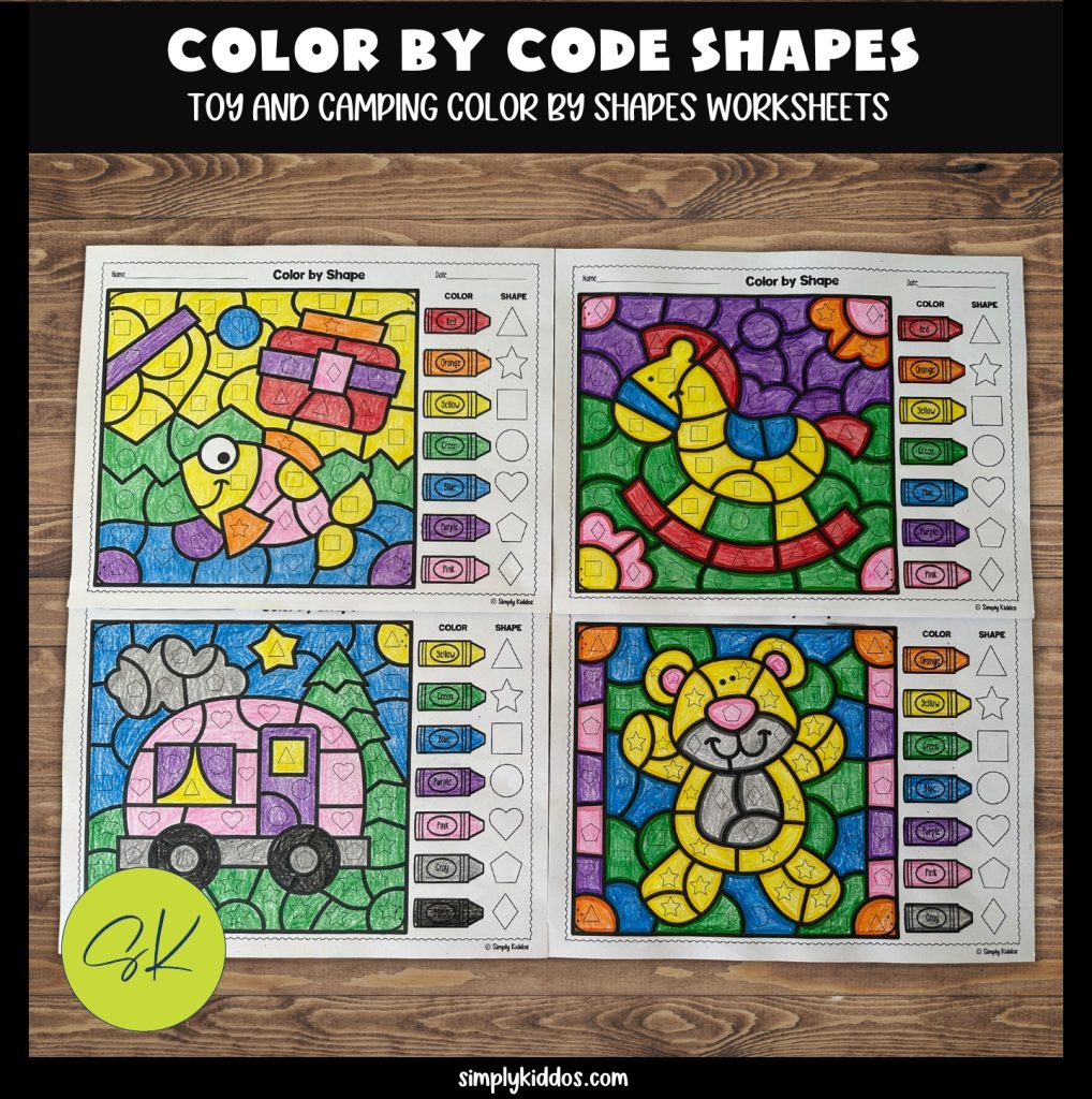 completed examples of the toy and camping color by code worksheets