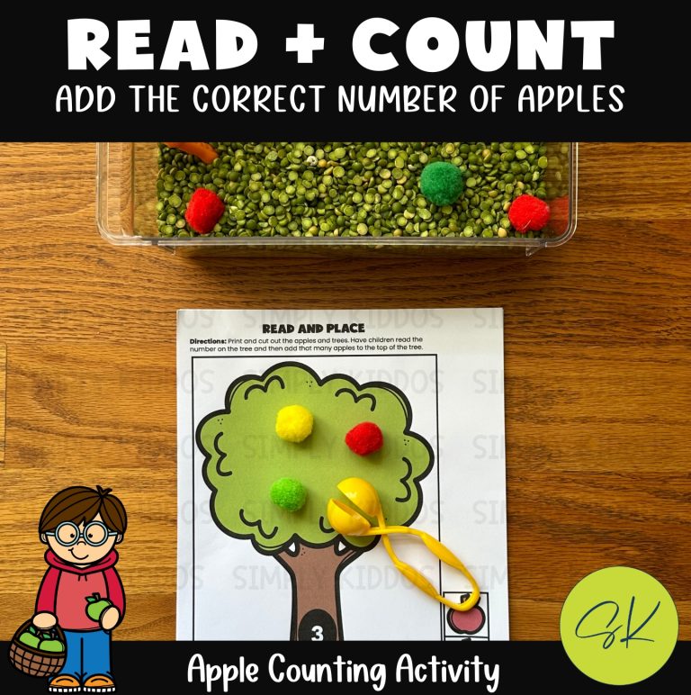 An image showing the apple counting activity with 3 pom poms on a tree with the number 3 on the trunk
