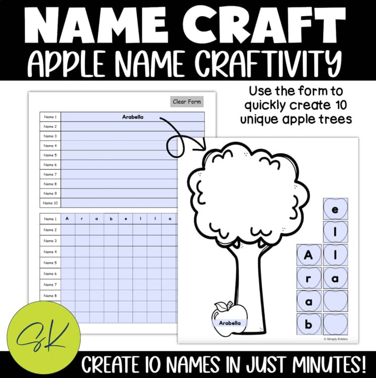 Editable apple name craft form example showing personalized apple tree name worksheet for preschool and kindergarten.