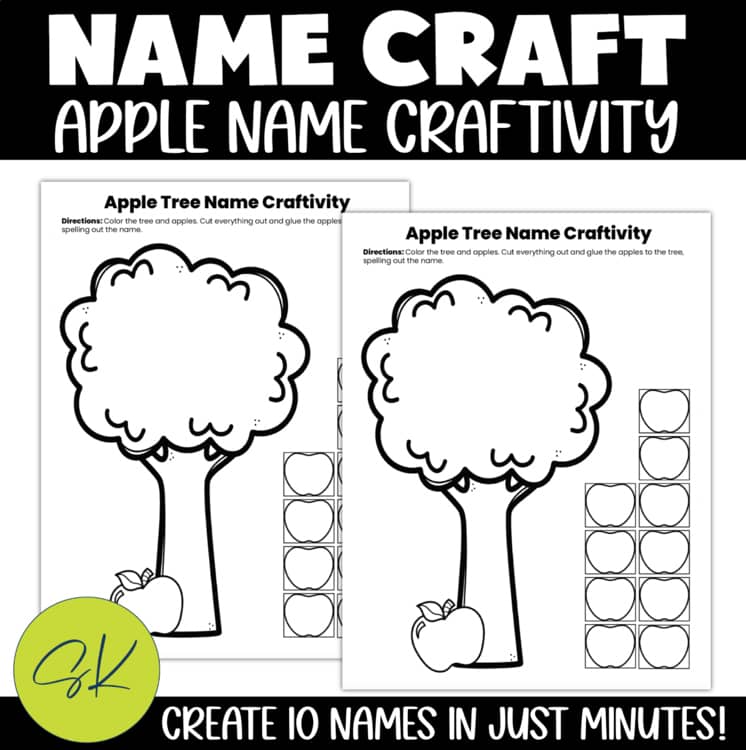 Apple tree name craft printable worksheet with blank tree and apple letter pieces for preschool fall name practice activity.