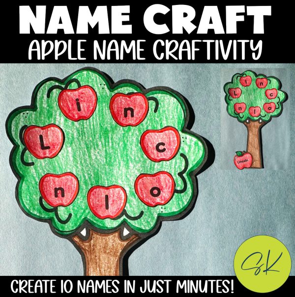 Editable apple name craft for preschool showing apple tree with name Lincoln spelled using apples, fall name practice activity printable.