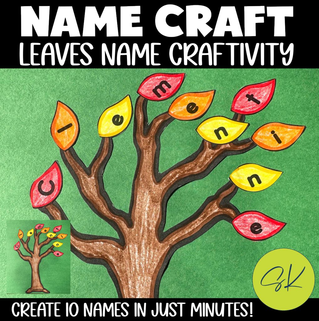 Colored fall tree name craft showing a child’s name spelled with leaves on tree branches.