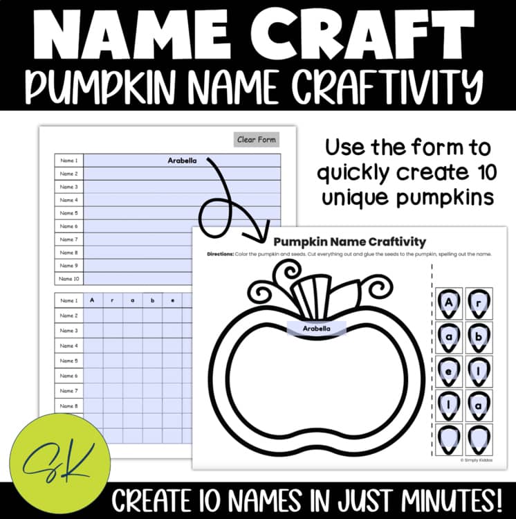 Editable form used to create personalized pumpkin name craft templates.