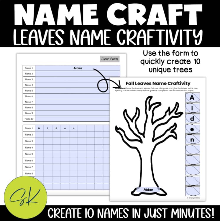 Editable name form and completed fall tree example with name spelled using leaves.
