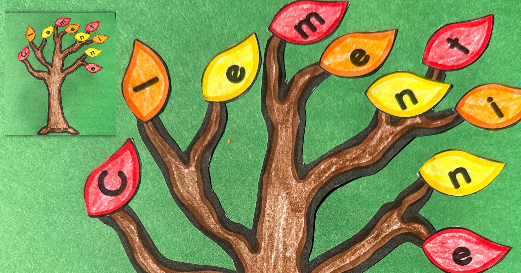 Completed fall leaf name craft showing the name Clementine spelled with colorful leaves on a tree.