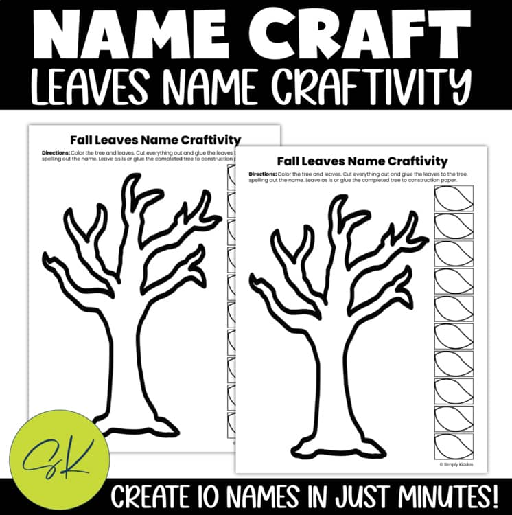 Printable fall tree name craft templates with blank tree and leaf letter pieces.