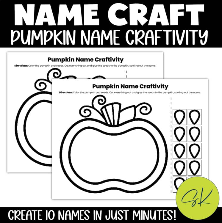 Printable pumpkin name craft template with pumpkin outline and seed letter pieces.