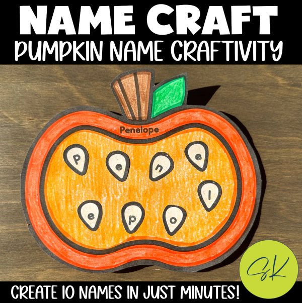 Completed pumpkin name craft showing the name Penelope spelled with pumpkin seeds.