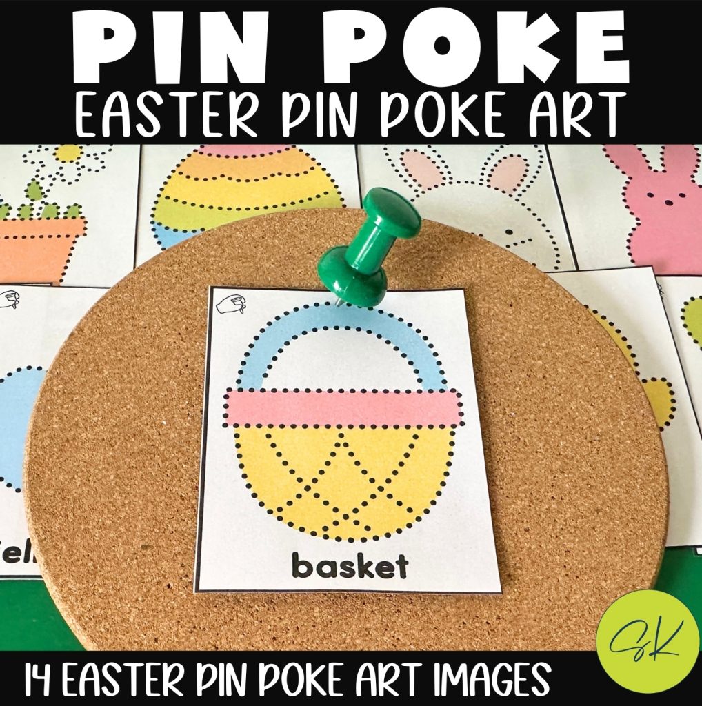 Preschool Easter pin poke art activity featuring a printable basket design on a cork board using a push pin for fine motor practice