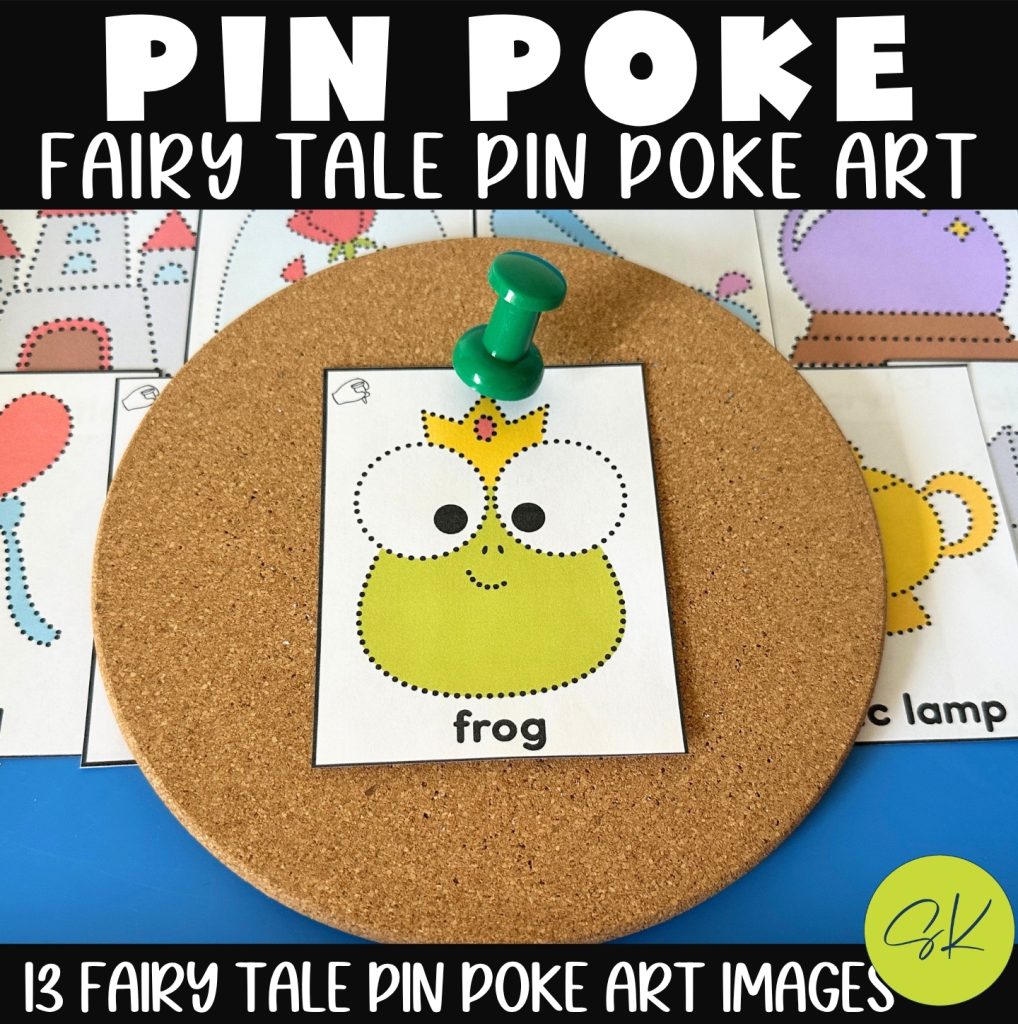 Fairy tale pin poke art for preschoolers showing a printable frog design on a cork board using push pins to build fine motor skills