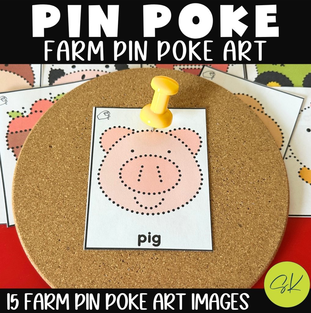 Farm themed pin poke art activity for preschool with a printable pig design on a cork board for developing fine motor control