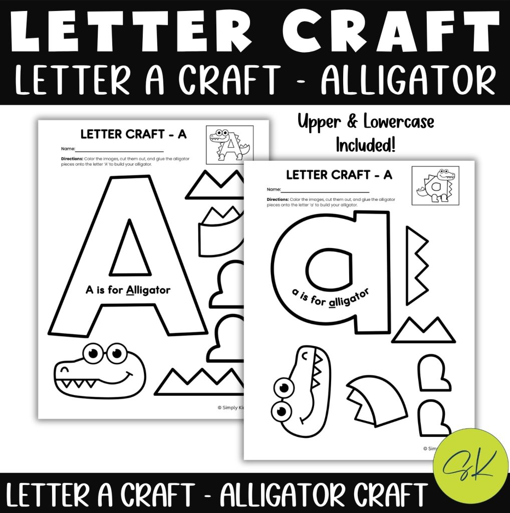 Letter A alligator craft printable with uppercase and lowercase worksheets