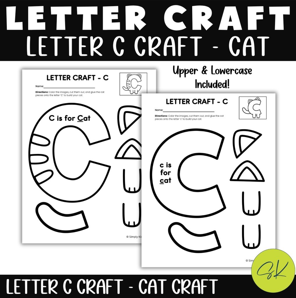 Letter C cat craft printable with uppercase and lowercase worksheets