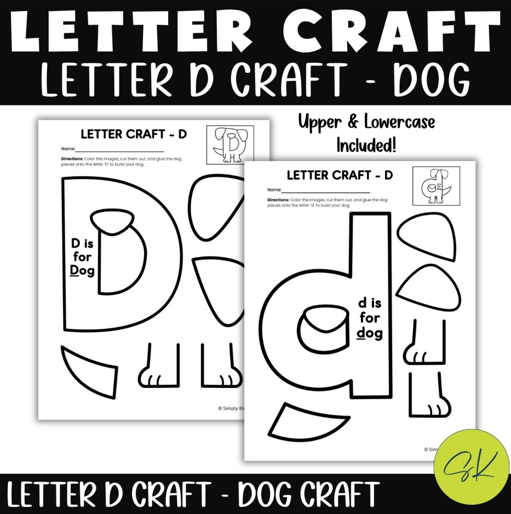 Letter D dog craft printable with uppercase and lowercase worksheets
