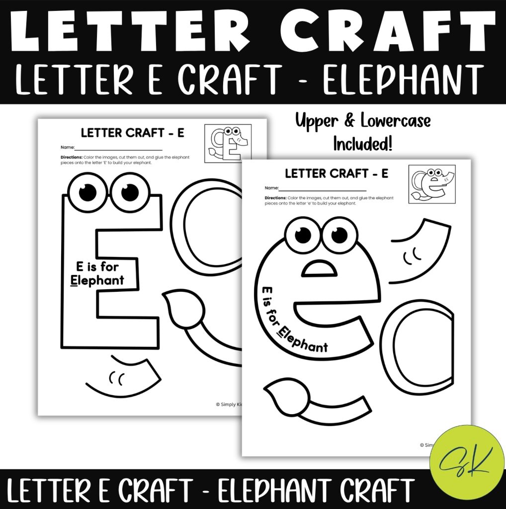 Letter E elephant craft printable with uppercase and lowercase worksheets