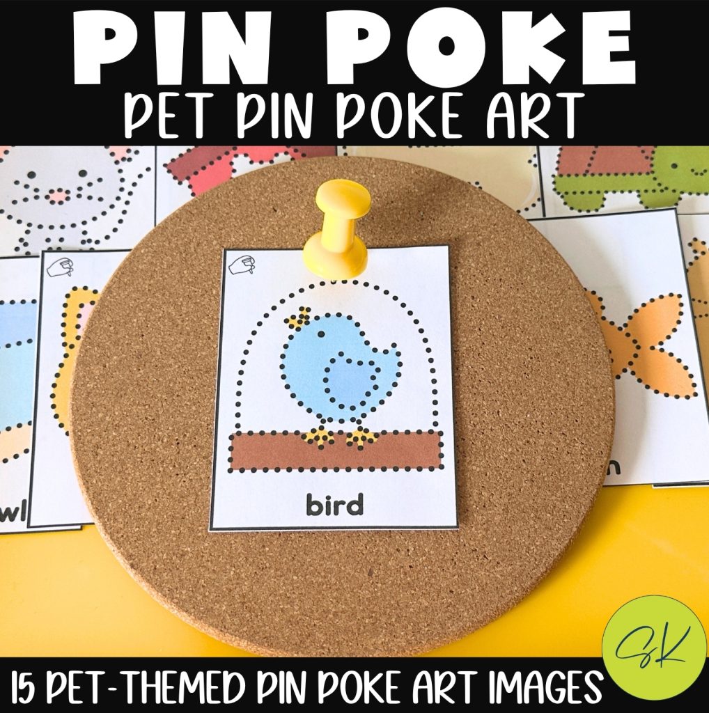 Pet themed preschool pin poke activity with a printable bird design on a cork board using push pins for fine motor development
