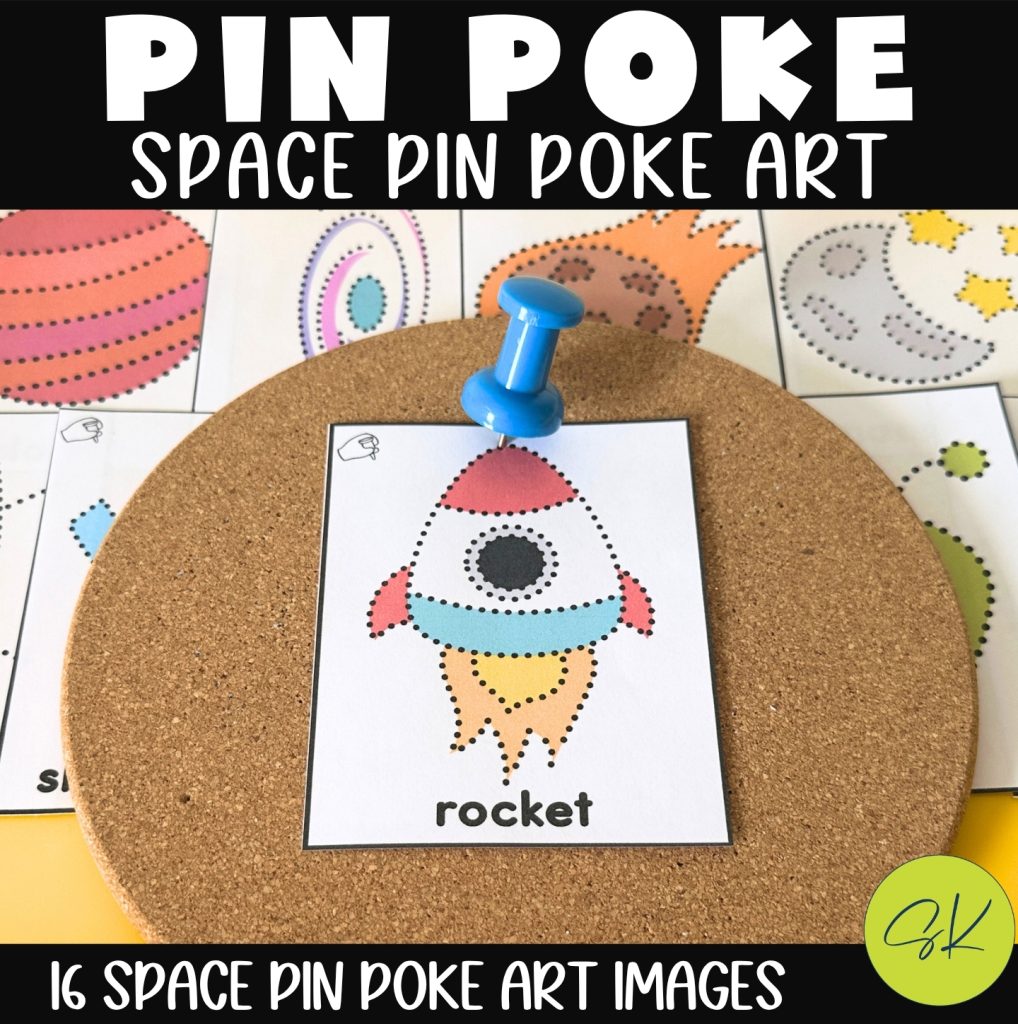 Space themed pin poke art activity for preschoolers using printable designs and push pins on a cork board for fine motor practice