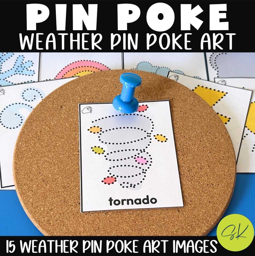 Weather themed preschool pin poke art showing a tornado printable used with a push pin and cork board to strengthen fine motor skills